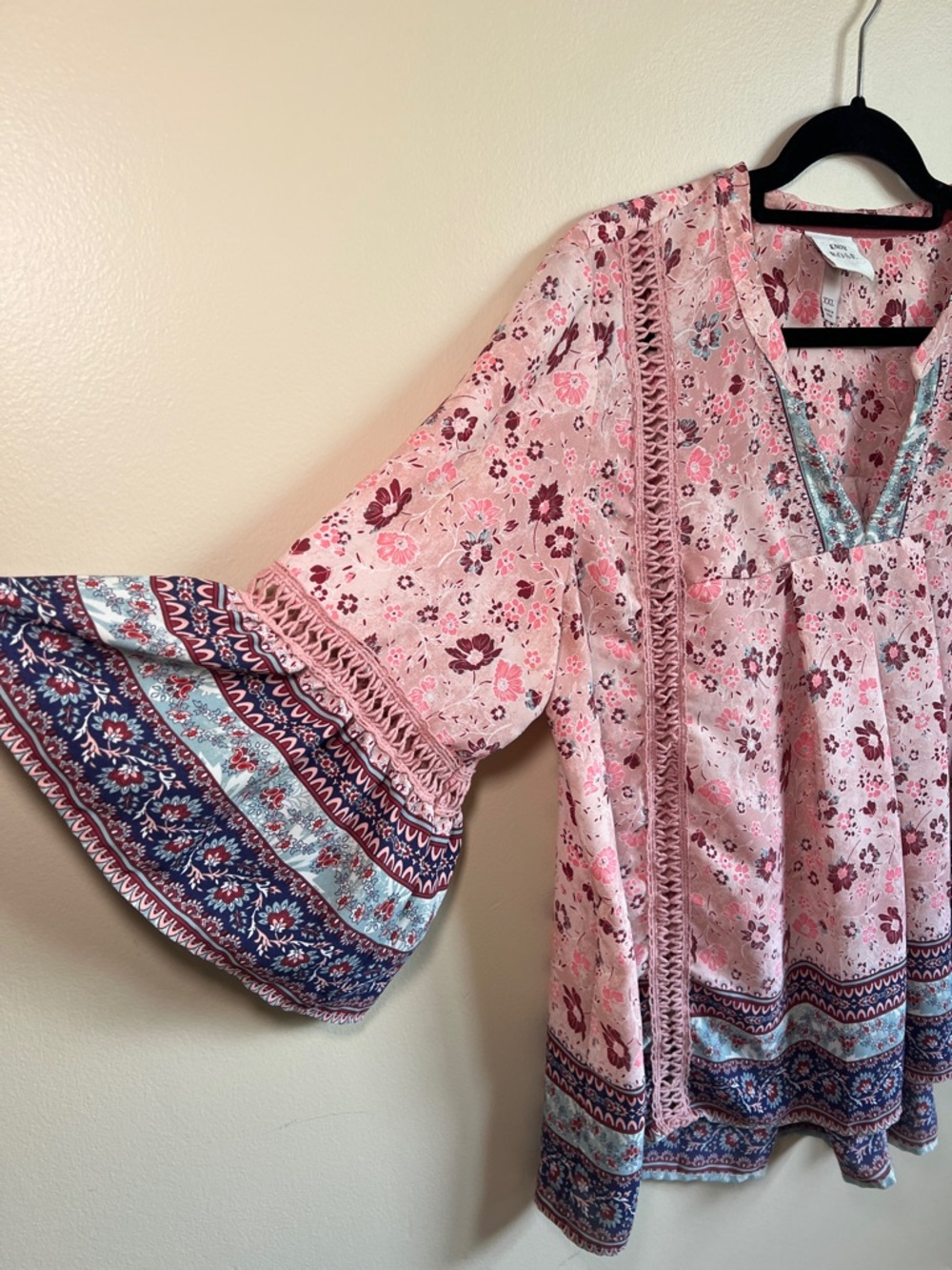 Knox Rose XXL Pink Floral Boho Peasant Blouse Bell Sleeve Top - Picture 7 of 9